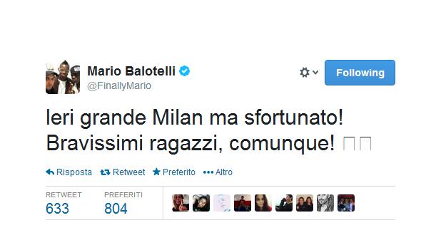 Soddisfatto per la prestazione ma deluso dal risultato, ecco il tweet di Balotelli dopo la partita contro l'Atletico Madrid
