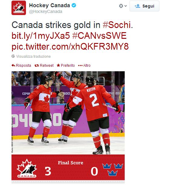 Il Canada batte la Svezia per 3-0 e conquista l'ultimo oro di Sochi.