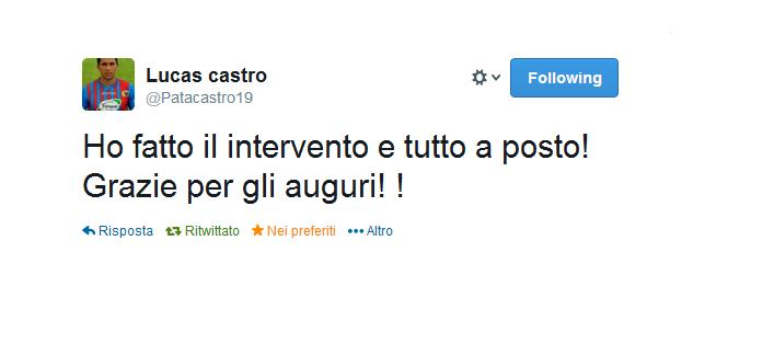 Lucas Castro usa Twitter per tranquillizzare i tifosi, dopo l'infortunio rimediato nella partite esterna contro il Chievo Verona.