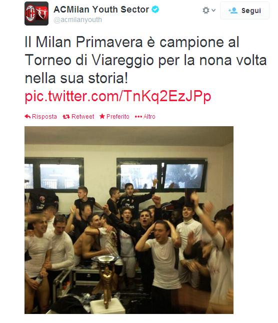 Il Milan Primavera conquista per la nona volta il Torneo di Viareggio "Il Torneo di Viareggio o Coppa Carnevale, è considerato il torneo giovanile più importante che ci sia. Partecipano squadre di tutto il mondo, è riconosciuto ufficialmente dal CONI, dalla FIGC, dalla FIFA e dalla UEFA.