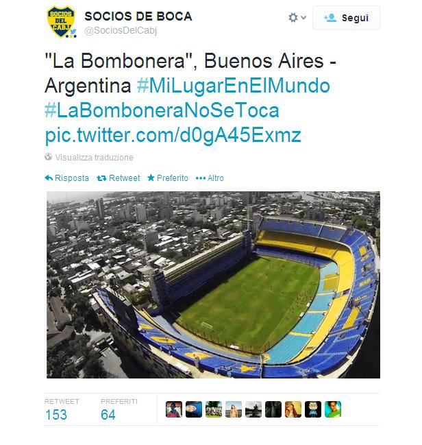 La Bombonera "casa del Boca Juniors, glorioso club argentino" è uno degli stadi più  importanti al mondo, dove giocò per molto tempo Maradona, si parla di demolirlo per farne uno nuovo, ma i tifosi sono contrari, per loro quello stadio è tutto, e si stanno muovendo con una petizione.