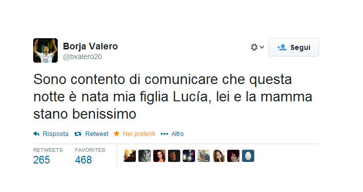 Nuova arrivata in casa Borja Valero che annuncia la nascita di Lucia.
