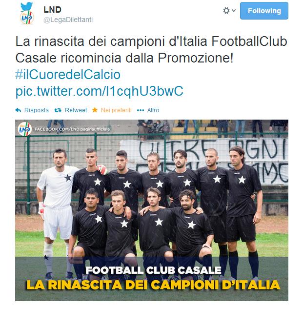 Il Casale, denominato per esteso Casale Foot Ball Club ASD, è una società calcistica di Casale Monferrato "Alessandria" Fondato nel 1909, il club ha vinto il campionato italiano 1913-1914, risultando l'unico club di una città non capoluogo di provincia ad aver conquistato il tricolore. Il 26 agosto 2013 il Comitato Regionale Piemontese della FIGC accettò l'iscrizione del nuovo Casale Foot Ball Club al campionato di Promozione Piemontese.