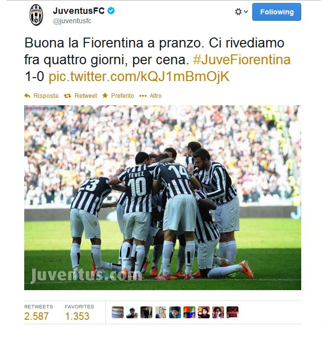 Un tweet un pò provocatorio della Juve dopo aver battuto la Fiorentina in campionato.