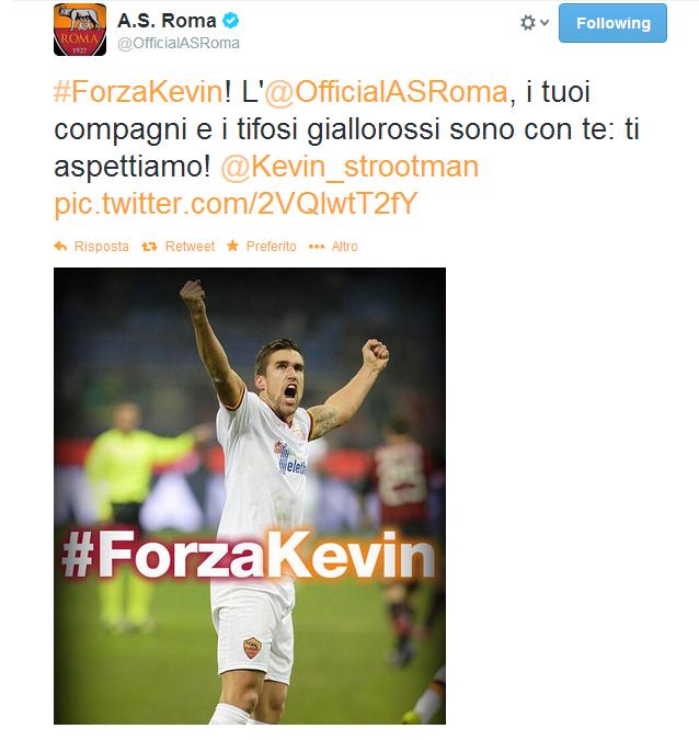 L'AS Roma rivolge un grosso in bocca al lupo al suo centrocampista Kevin Strootman per l'infortunio procuratosi durante  Napoli Roma 