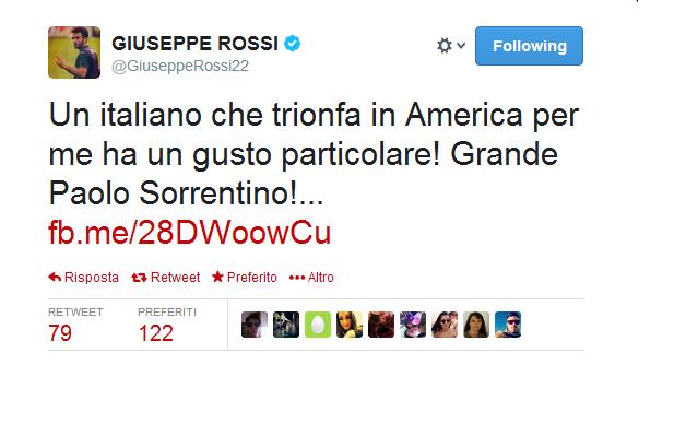 Giuseppe Rossi "attaccante della Fiorentina" nato in America ma di genitori italiani,  si complimenta di Paolo Sorrentino per la conquista dell'Oscar.
