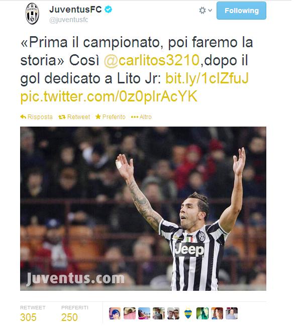 Un gran gol al Milan, cosi festeggia Carlitos Tevez, dedicando il gol al terzogenito Lito Junior