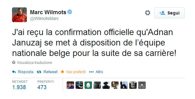  Adnan Januzaj "giovane stella del Manchester United, anno 95" ha scelto di rappresentare la nazionale belga, a due mesi dall'inizio del Mondiale in Brasile, nonostante la sua famiglia multietnica gli permettesse di giocare anche con la Turchia, Albania, Serbia e Kosovo. "quest'ultima non ha ancora ricevuto il riconoscimento da parte della FIFA" Quest'annuncio viene fatto direttamente dal profilo del CT belga "Marc Wilmots"