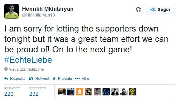 Henrikh Mkhitaryan "calciatore del Borussia Dortmund" Dopo gli errori sotto porta durante la partita di ritorno dei quarti di finale di Champions League contro il Real Madrid, Mkhitaryan si è sentito il dovere di chiedere scusa ai tifosi, facendolo sul proprio profilo di Twitter. 