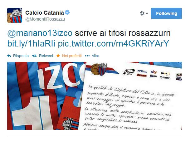 Mariano Izco Capitano del Calcio Catania scrive una lettera rivolta ai tifosi, per questo momento difficile, chiedendo di stare vicino alla squadra.