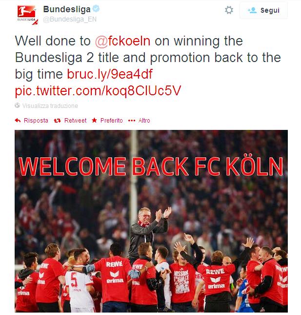 Dopo 2 anni di inferno, una delle squadre storiche della Germania, il Colonia "Fußball-Club Köln" è tornato di nuovo in Bundesliga con 3 giornate di anticipo, battendo 3-1 il Bochum e portandosi a 10 punti dalla seconda "Greuther Furth"