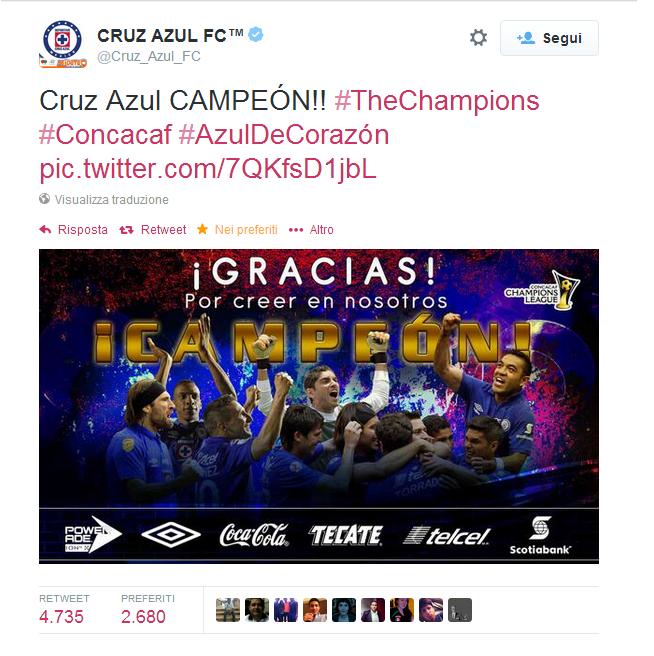  Il Cruz Azul "società calcistica di Città del Messico" è riuscita a trionfare nella Concacaf Champions League "è la maggiore competizione calcistica per squadre di club del Nord e Centro America" sono riusciti a superare i connazionali  del Toluca, dopo la partita d'andata "giocata in casa dal Cruz Azul" finita per 0-0, il ritorno finito sempre in pareggio ma 1-1 permettendo così al Cruz Azul grazie al gol fuori casa segnato da Mariano Pavone "ex Betis Siviglia" di vincere un trofeo internazionale dopo 17 anni. 