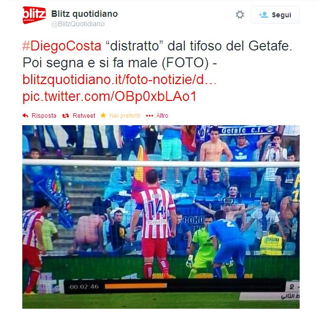 Fatto curioso durante Getafe Atletico Madrid, durante la realizzazione di un rigore da parte di Diego Costa, un tifoso del Getafe mostra senza problemi il suo lato B, cercando di farlo sbagliare, alla fine Diego Costa sbaglia il rigore, sarà merito di questo tifoso!?!