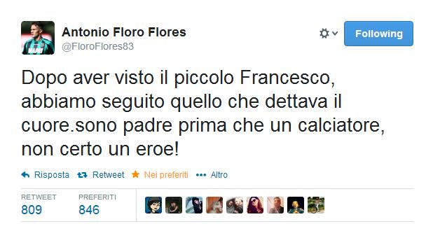 Floro Flores "attaccante del Sassuolo" ha intenzione di adottare Carmine Francesco, il neonato abbandonato nella stazione della Circumvesuviana di Baiano (in provincia di Avellino).