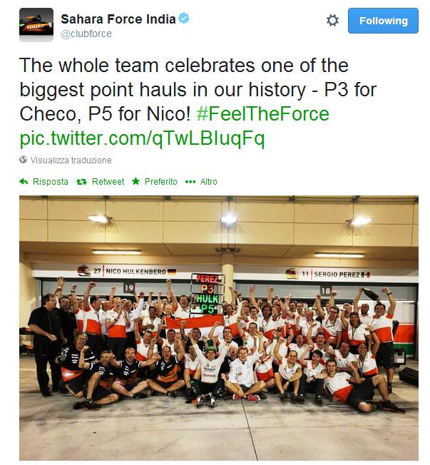 Grande festa in casa Force India, con il primo podio, grazie a Sergio Perez arrivato in terza posizione e il quinto posto di Nico Hulkenberg.