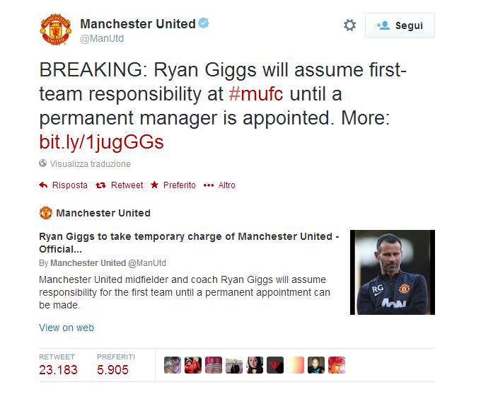 Continua la leggenda di Ryan Giggs al Manchester United, dopo l'esonero di David Moyes prenderà il suo posto in panchina fino alla fine della stagione.