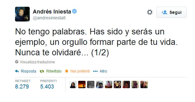 "Sei stato un esempio. Orgoglioso di aver fatto parte della tua vita. Riposa in pace mister." Dopo la notizia che ha sconvolto il mondo del calcio e non solo, in giro per i social sono iniziati a spuntare centinaia di messaggi per Tito Vilanova, da parte di tifosi, giocatori e società. Abbiamo voluto prendere uno in particolare, scritto da un suo ex giocatore... Andrés Iniesta.