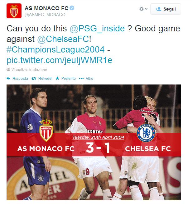 Il calcio si gioca anche su twitter, prima della partita dei quarti di Champions League tra Paris St. Germain e Chelsea, arriva la provocazione del Monaco ricordando che nel 2004 riuscirono a battere proprio il Chelsea.