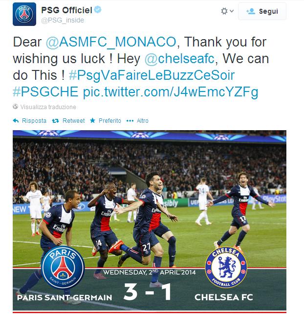  Arriva la risposta del Paris St. Germain dopo la vittoria ai quarti di Champions League contro il Chelsea per 3-1, ringraziandoli per avergli portato fortuna con quel tweet.