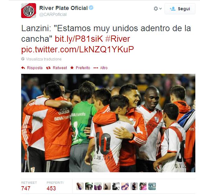 Lanzini: "Noi siamo uniti in campo" Il River Plate dopo dieci anni torna a vincere alla Bombonera "fortezza dei nemici storici, il Boca Juniors", battendo nel Superclasico il Boca Juniors per 2-1 reti di 58°Lanzini, 68°Riquelme, 86° Funes Mori. 