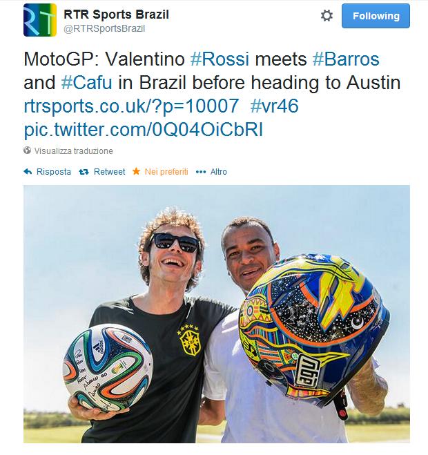 Valentino Rossi ha passato una giornata da protagonista in Brasile dove ha incontrato vari personaggi dello sport come Cafu "ex Roma e Milan" e Alex Barros" pilota motociclistico nel Motomondiale e Superbike".