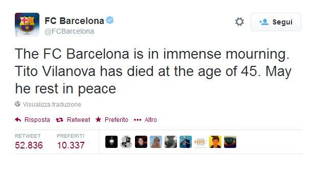 Dopo una dura lotta Tito Vilanova viene sconfitto dalla partita più importante della sua vita, morto a 45 anni, colpito da un tumore alla ghiandola parotide nel 2011.