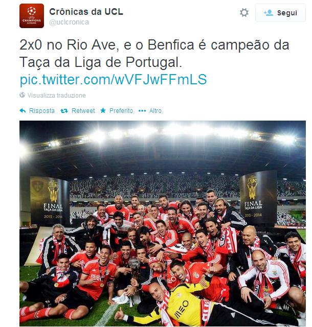 Battendo il Rio Ave per 2-0 "reti di Rodrigo e Luisao" il Benfica si aggiudica la Coppa di Lega, secondo trofeo stagionale e quinta Coppa in assoluto.