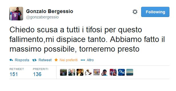 Gonzalo Bergessio un giocatore che ha sempre lottato per questa maglia, facendo a sportellate contro le altre difese e non arrendendosi mai, si è sentito in dovere di chiedere scusa per la tragica retrocessione in B, e augurando una pronta risalita. Questo tweet è una dichiarazione d'amore per i Rossazzurri? 