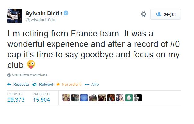 "Annuncio il mio addio alla nazionale francese, è stata una meravigliosa esperienza. Dopo 0 presenze è arrivato il momento di salutare e concentrarmi sul mio club." Episodio divertente da parte di Sylvain Distin, 37enne transalpino in forza all'Everton.