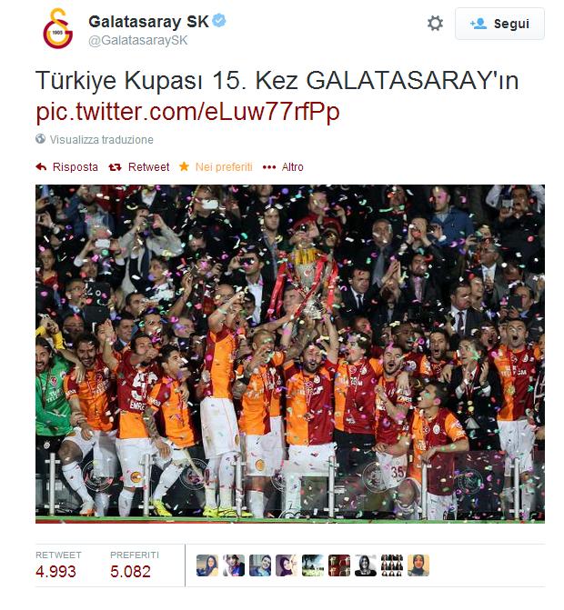 Il Galatasaray di Roberto Mancini torna a vincere la Coppa di Turchia, battendo l'Eskisehirspora per 1-0 con rete di Wesley Sneijder al 70', si tratta della 15esima Coppa nazionale della storia del club, l'ultima fu vinta nel 2005. 