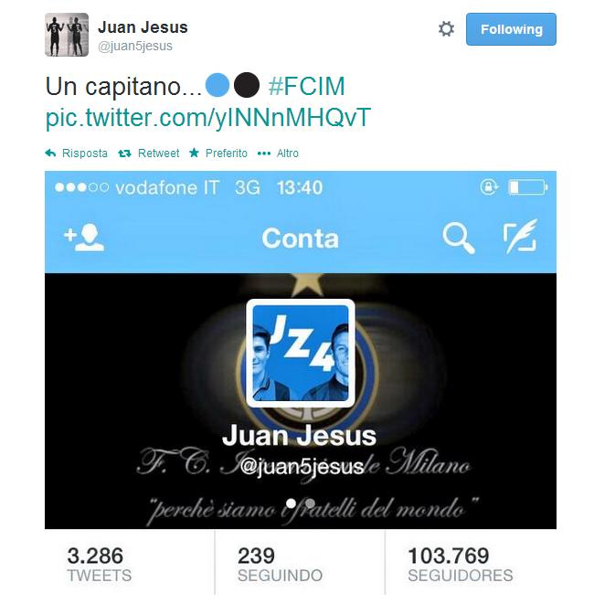 Juan Jesus rende omaggio al suo capitano Javier Zanetti.