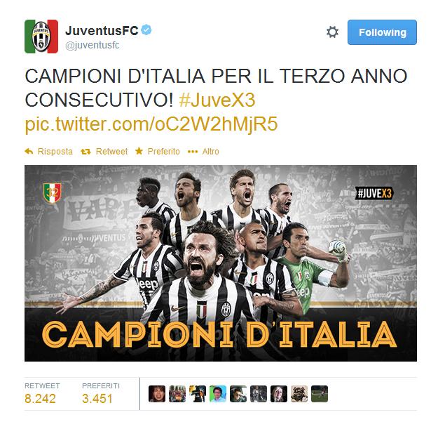 Per il terzo anno consecutivo la Juventus si laurea campione d'Italia con 3 partite di anticipo, conquistando il suo 30° scudetto "32 sul campo".