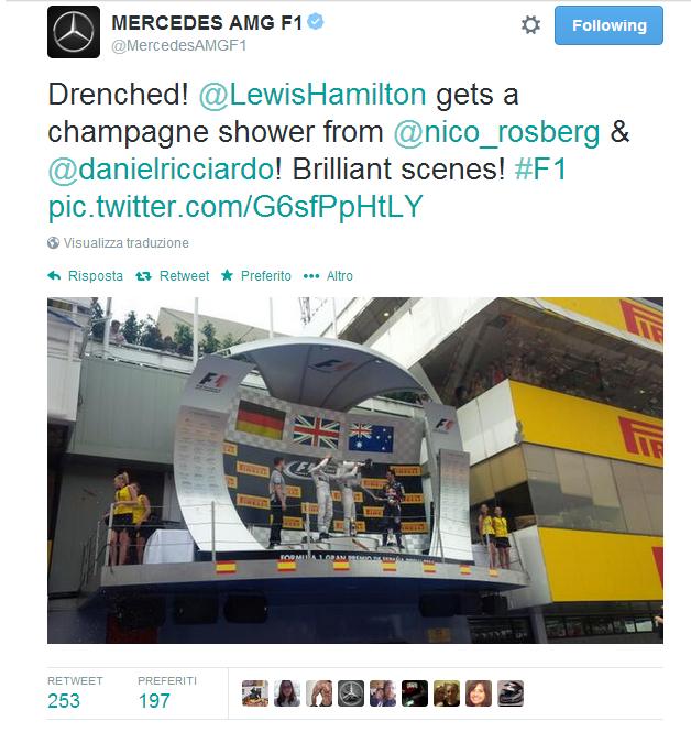  Altro Gp altro dominio Mercedes, ancora una vittoria per Lewis Hamilton e un secondo posto per Nico Rosberg, magra consolazione per la Red Bull con un terzo posto di Daniel Ricciardo.