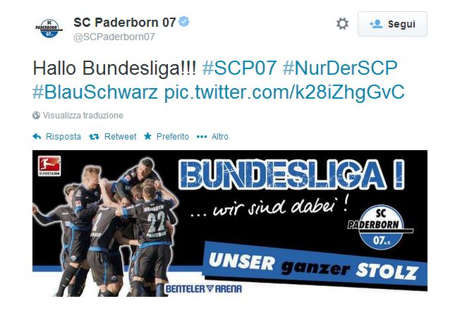 Il SC Paderborn 07 per la prima volta in 107 anni di storia conquista la sua prima promozione in Bundesliga, grazie alla vittoria per 2-1 sull’Aalen, confermando il secondo posto ai danni del Greuther Furth. 