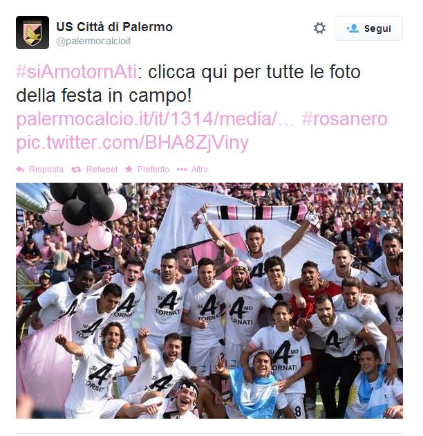 Dopo un solo anno di serie B il Palermo ritorna nella massima serie con cinque giornate di anticipo, dopo la vittoria sul Novara per 1-0 con rete dell'argentino Vázquez. 