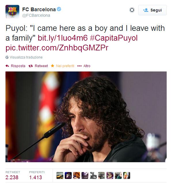 Un altro mito del calcio smetterà a fine stagione, Carles Puyol ha voluto salutare tifosi e società, nella sua ultima rassegna stampa. "Per 19 anni ho fatto ciò che mi piace, ho vinto tanto, ma quel che più mi piace sottolineare è che sono arrivato a Barcellona che ero quasi un bambino e me ne vado lasciando una famiglia. Ringrazio tutti, Presidente, Mister, compagni, amici e anche Luis Aragonés e Tito Vilanova "scomparsi ultimamente" e teniamo a vincere la Liga per dedicarla a Tito Vilanova."