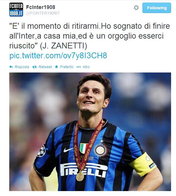 avier Zanetti, un giocatore che ha fatto la storia dell'Inter, "ha vinto 5 Scudetti, 4 Coppe Italia, 4 Supercoppe italiane, 1 Coppa Uefa, 1 Champions League e 1 mondiale per club" ha deciso di appendere gli scarpini al chiodo, l'ultima partita che giocherà davanti ai propri tifosi sarà sabato 10 maggio contro la Lazio