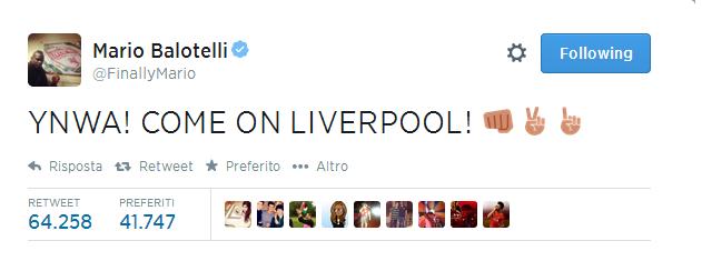 Tweet da record, batte ogni record italiano di retweet, oltre 64 mila. "Your Never Walk Alone! Come on Liverpool!"  Super Mario torna in Inghilterra, si presenta ai nuovi tifosi, ed è pronto per questa nuova sfida, ha dichiarato: "Felice di essere tornato in Inghilterra. Volevo tornare in Italia ma si sono reso conto che è stato un errore" ma nonostante le parole ha ringraziato il suo vecchio club con una lettera accompagnata da una foto su Instagram "mb459".