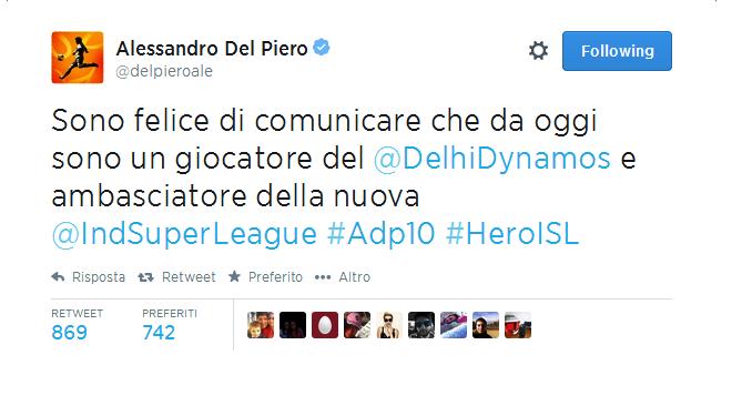  Alex Del Piero riparte dall'India, dopo l'esperienza in Australia decide di ripartire con una nuova avventura straniera, giocherà nel Delhi Dynamos e sarà anche ambasciatore della nuova Indian Super League, dove troverà anche Ljungberg, Trezeguet, Bruno Cirillo, Emanuele Belardi e Franco Colomba. 
