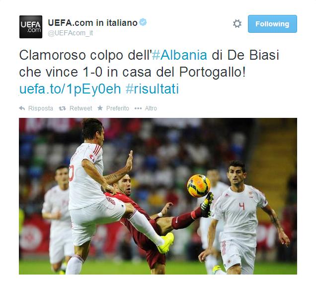 Parte con una vittoria l'Albania di Gianni De Biasi, alla conquista della qualificazione a Francia 2016, espugna il Municipal di Aveiro, battendo il Portogallo per 1-0 con una gran rete di Bekim Balaj.