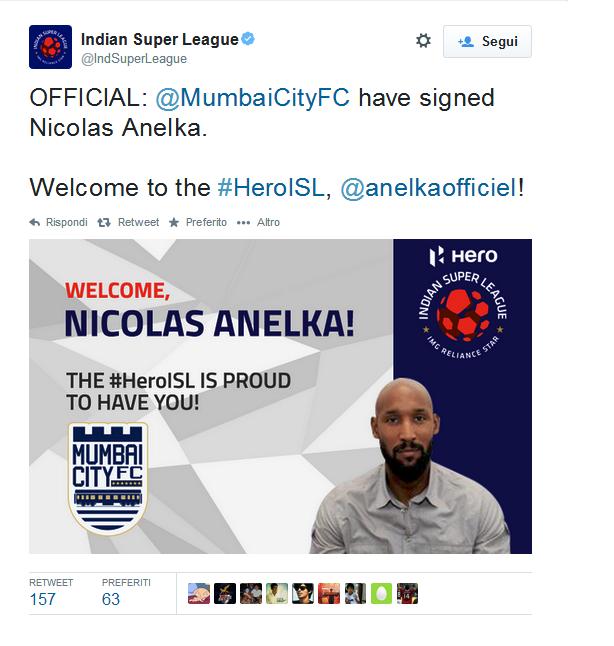Dopo Del Piero, Materazzi, Trezeguet, Pires, Luis Garcia e Capdevila, in questa lunga lista di campioni che sono sbarcati nella nuova Indian Super League si aggiunge pure Nicolas Anelka, ufficializzato dal Mumbai City.