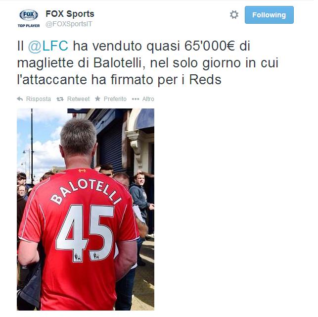 Che entusiasmo, solo nel giorno dell'ufficialità il Liverpool ha venduto quasi 800 maglie di Balotelli, a confermarlo è stato il direttore esecutivo del club inglese, Ian Ayre.