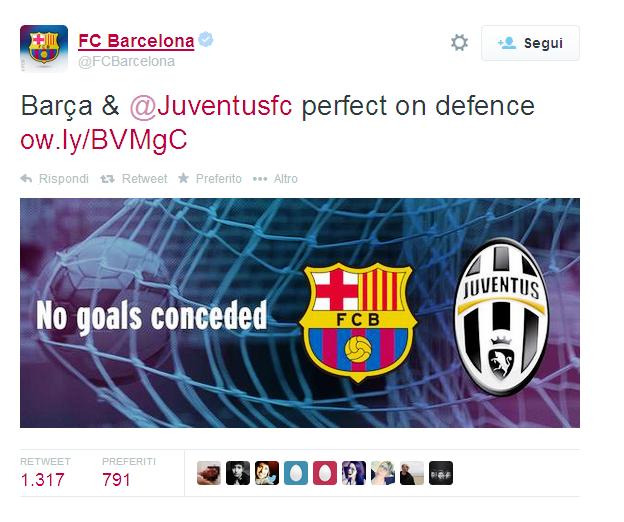  Sul proprio profilo, il Barcellona celebra insieme alla Juventus la loro imbattibilità in campionato, infatti le due squadre sono le uniche in Europa a non aver subito un gol, in questa prima parte di campionato.
