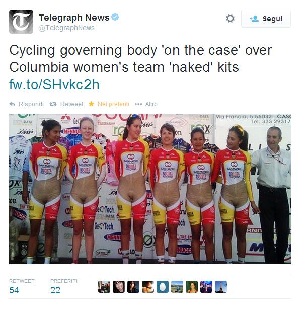 Ecco come si presenta una squadra femminile colombiana di ciclismo "Humana Bogotà" durante il giro di Toscana, piovono critiche per la squadra da parte dell'Uci "Unione Internazionale di ciclismo", definendole inaccettabili. Una componente della squadra durante una conferenza stampa ha spiegato: volevamo solo dare un effetto color oro.