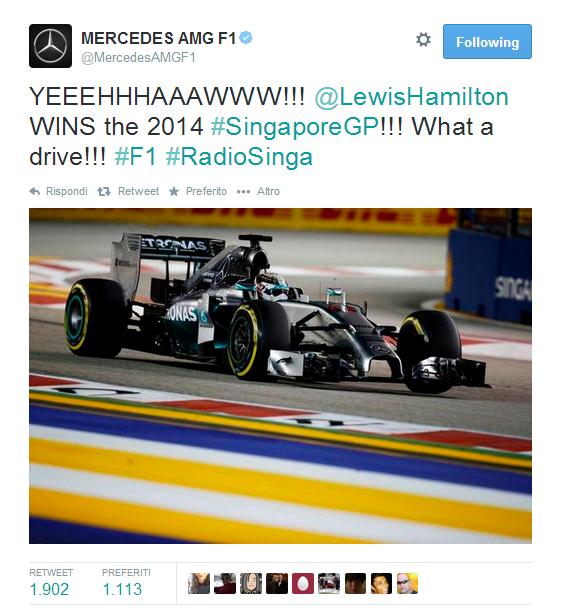 Nella notte di Singapore è Hamilton ha dominare il GP di Singapore, conduce la gara dall'inizio  e arriva al traguardo davanti alle due Red Bull, di Sebastian Vettel e Daniel Ricciardo.