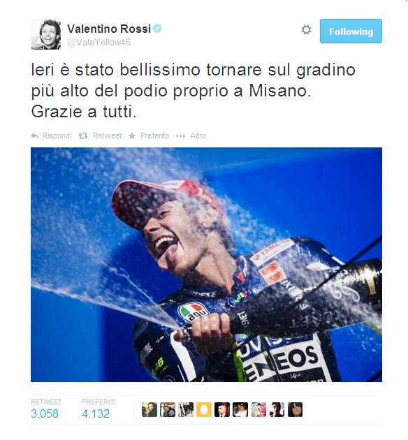 Valentino Rossi trionfa a Misano, nel GP di San Marino, la 107 della sua carriera, davanti al compagno di squadra Lorenzo e a Pedrosa.