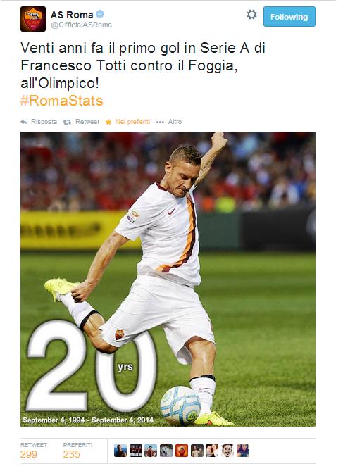Vent'anni di Totti,il 4 settembre del 1994 segnò contro il Foggia la sua prima rete, dopo vent'anni continua ancora a segnare, con 235 reti in 562 gare, capocannoniere di tutti i tempi del nostro campionato.