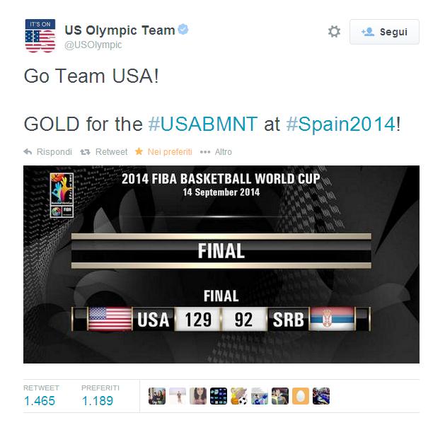 USA Campioni del Mondo. Nella finale di Madrid gli USA demoliscono la Serbia per 129 a 92, vincendo il quinto titolo dopo quelli vinti nel 1954, 1986, 1994 e 2010.