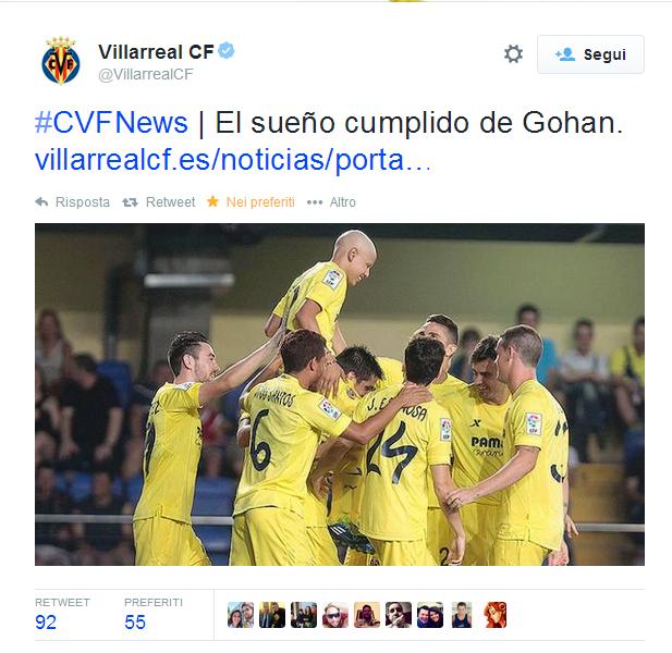 Gohan ragazzino di 13 anni malato di cancro realizza il suo sogno, giocare con la sua squadra del cuore, il Villarreal, la squadra spagnola lo convoca nell'amichevole contro il Celtic Glasgow facendogli giocare uno spezzone di partita e segnando fra l'altro il primo gol della partita.