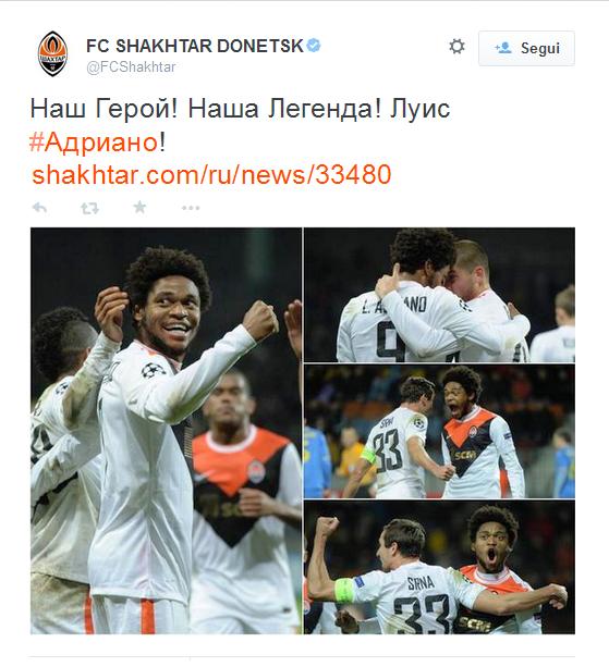 Serata storica in Champions per lo Shakhtar Donetsk, Luiz Adriano ha eguagliato il record di Leo Messi, segnando cinque gol in una partita, di cui 4 nei primi 45 minuti "diventando il primo giocatore in Champions League a segnare quattro reti nel primo tempo" e con le cinque reti finali diventa anche il miglior marcatore della storia dello Shakthar, segnando 117 reti, superando Vorobej che ne aveva segnati 114.